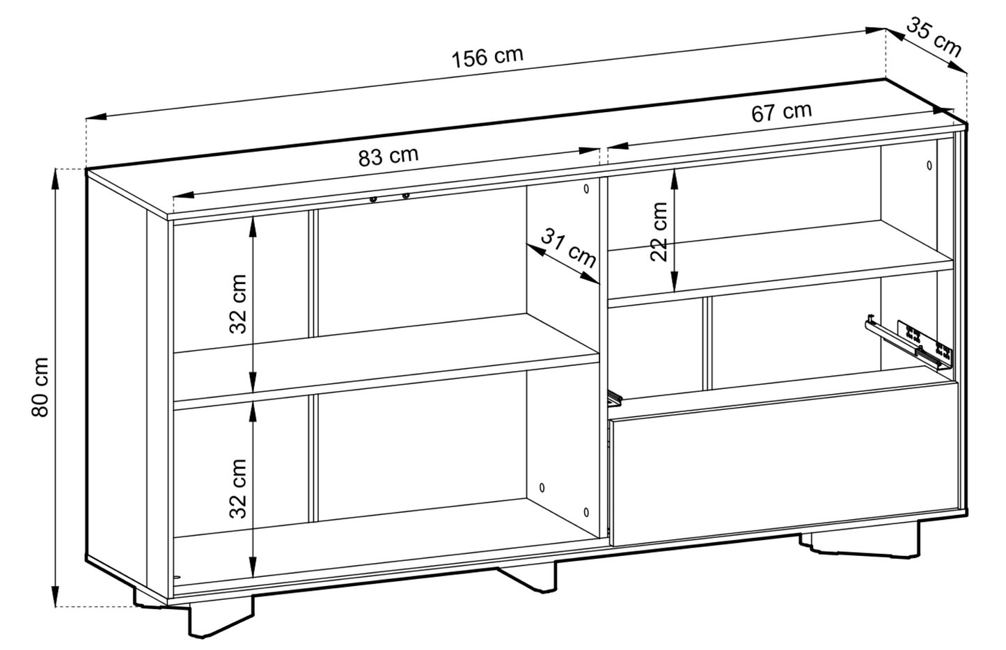 Kumode Distri Riffle 156/80/35 cm Vičencas ozols/kašmirs