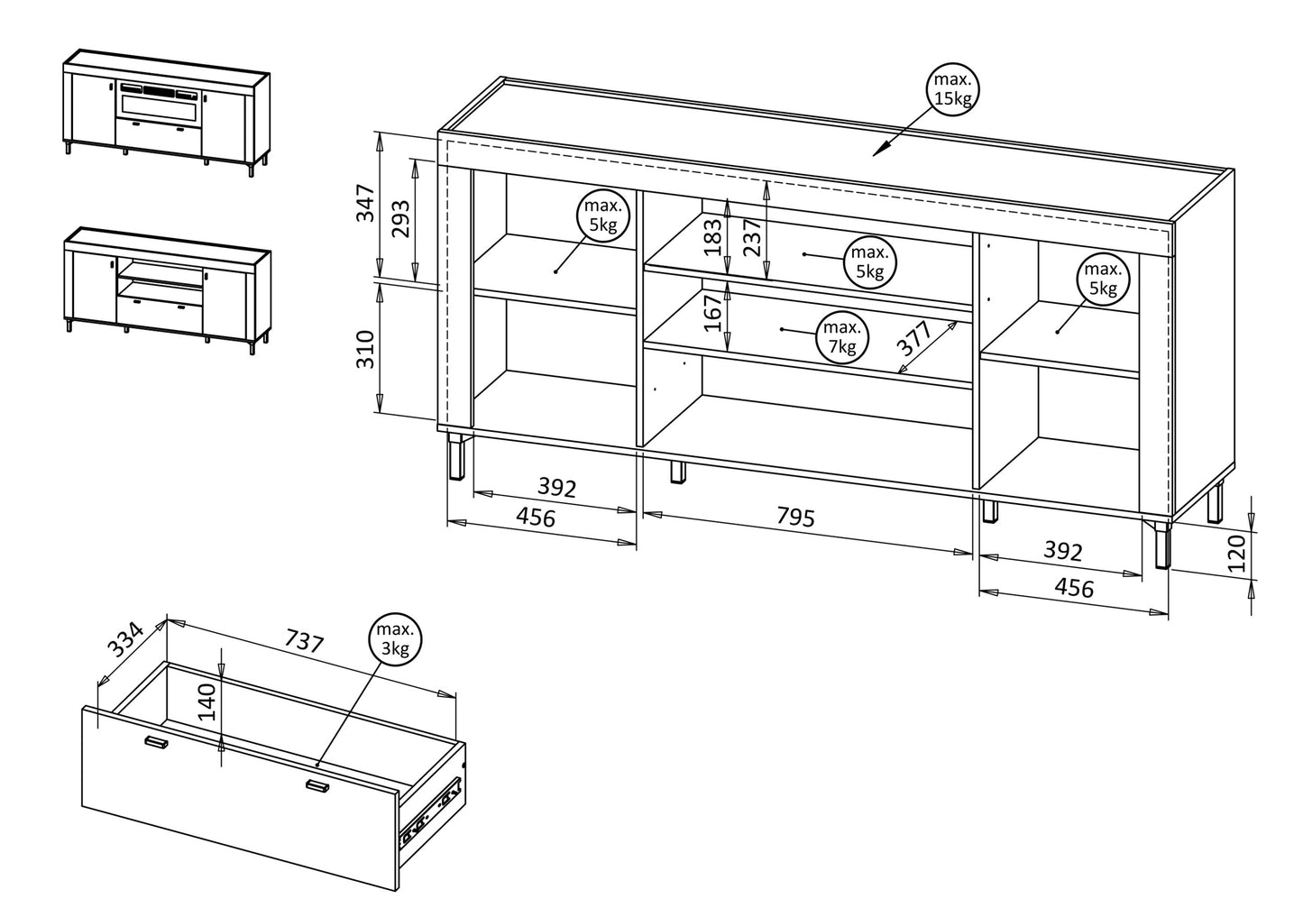 Kumode Lamos 170/77/38 cm balts/melns