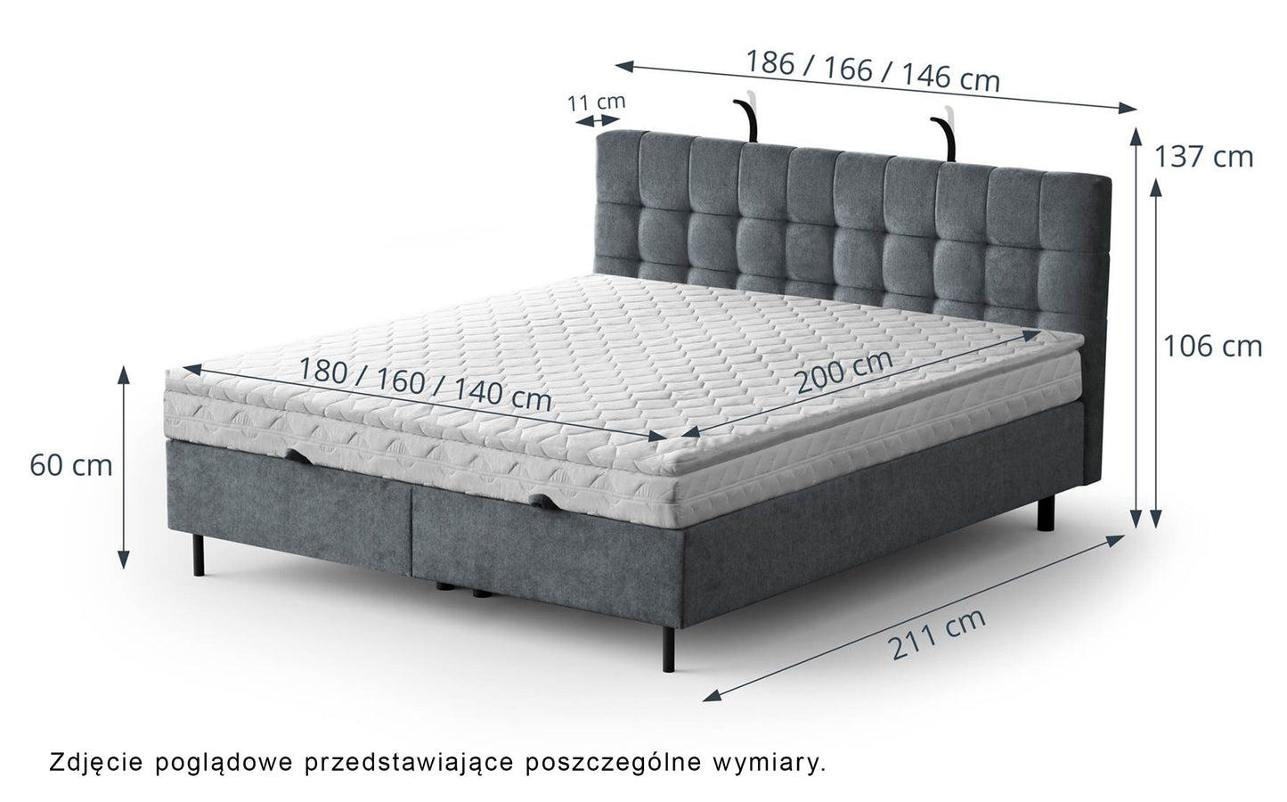 NUNA Kontinentālā gulta 140/160/180x200 cm ar glabātuvi un LED apgaismojumu, tumši pelēks samts