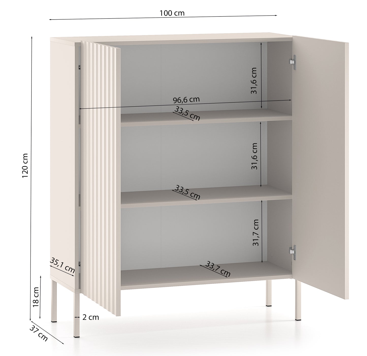 KEDIVA augsta divdurvju kumode ar rievotām fasādēm 100 cm, gaiši bēšā krāsā - N1 Home