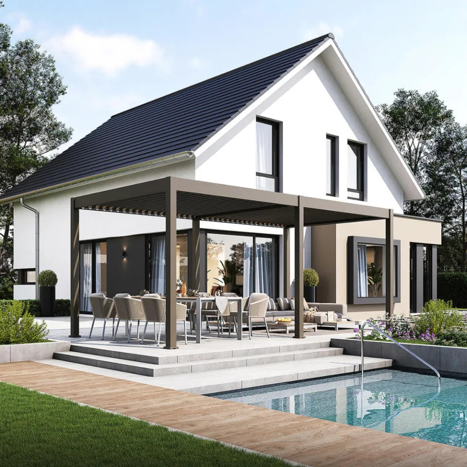 Bioklimatiskā terases pergola Elija AUTOMATIC 3x6 ar LED apgaismojumu 600/309/255 cm taupe - N1 Home