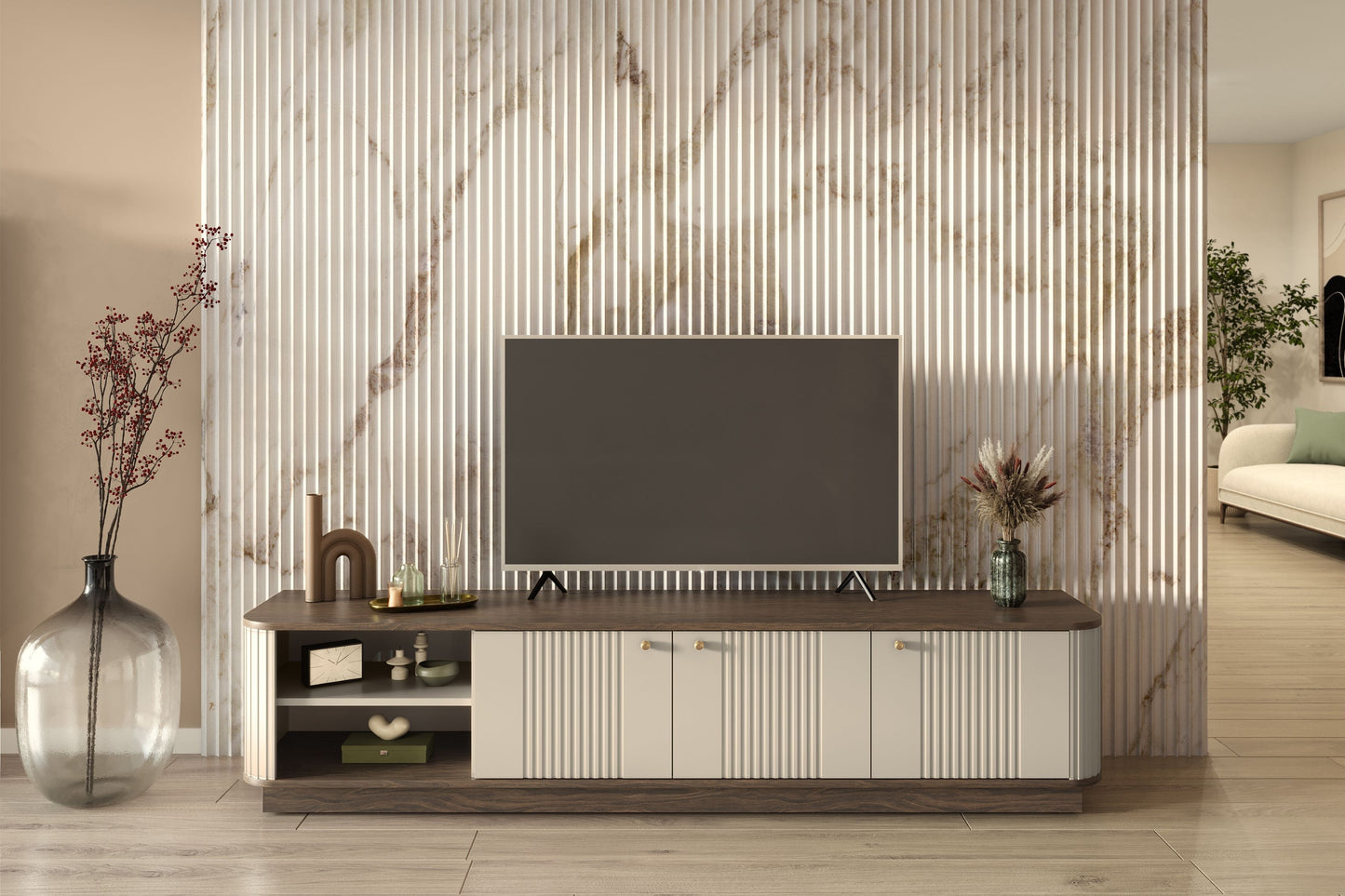 TV skapis Vespa 187/43/38 cm kašmirs/rieksts/zelts - N1 Home