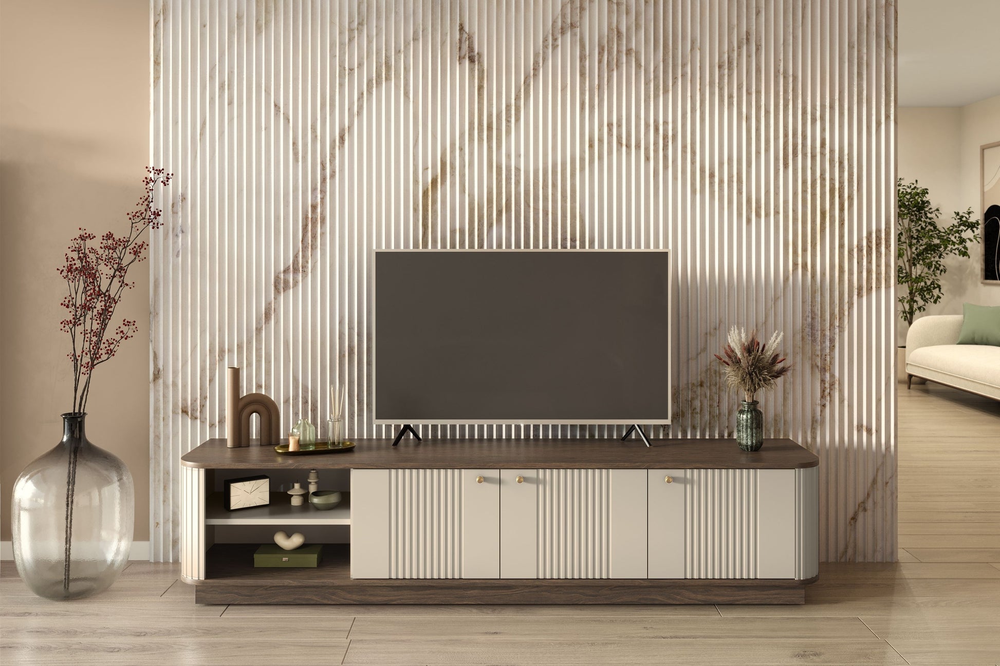 TV skapis Vespa 187/43/38 cm kašmirs/rieksts/zelts - N1 Home