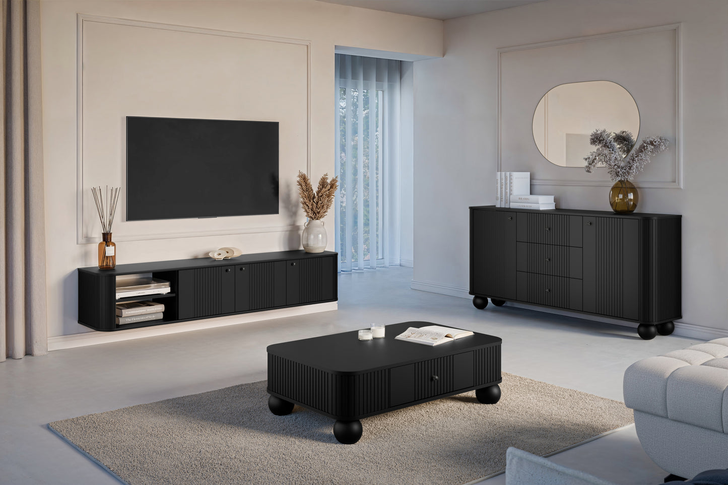 TV skapis Vespa  187/36/38 cm melns/melns - N1 Home