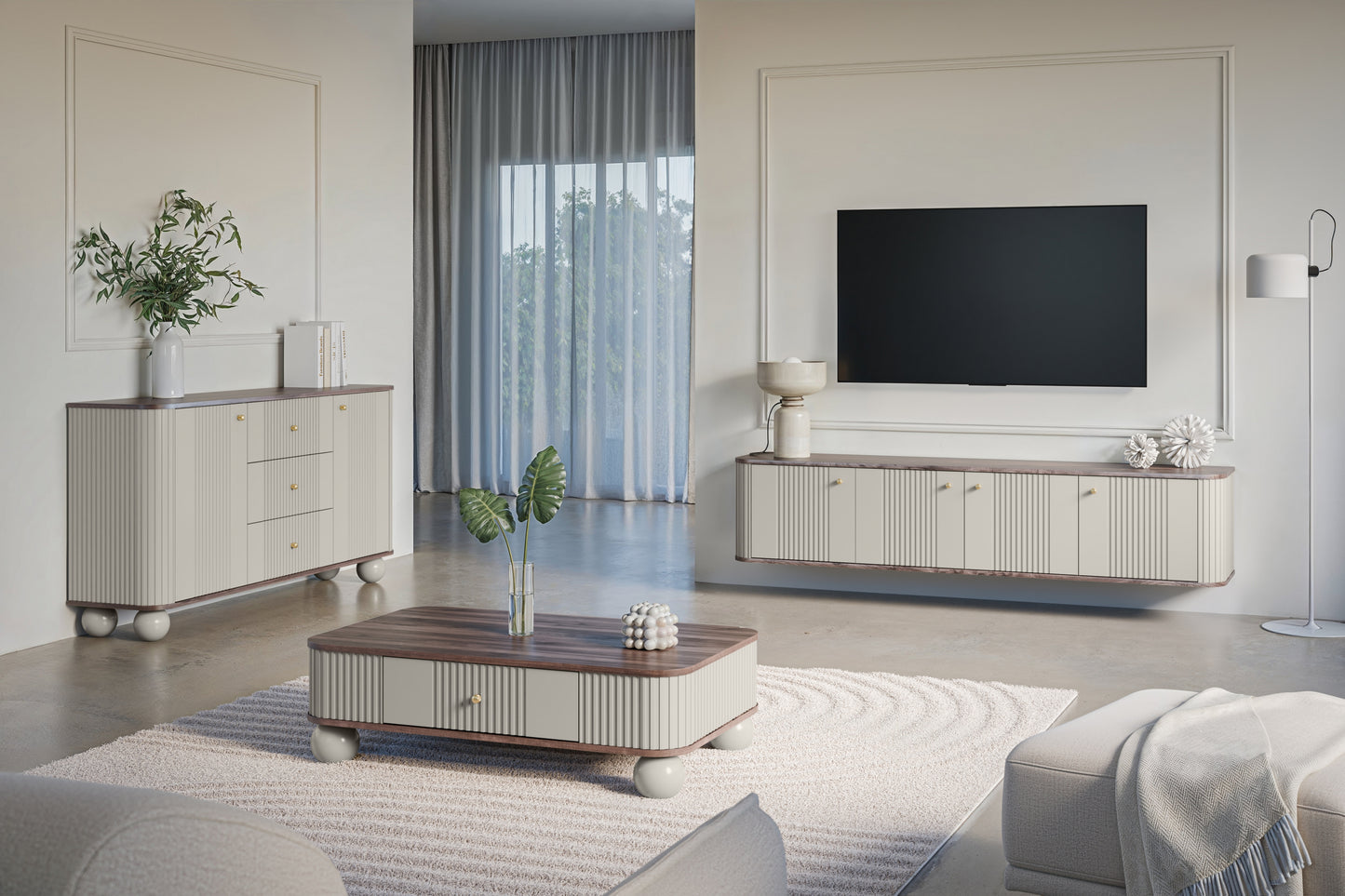 TV skapis Vespa 187/36/38 cm kašmirs/rieksts/zelts - N1 Home