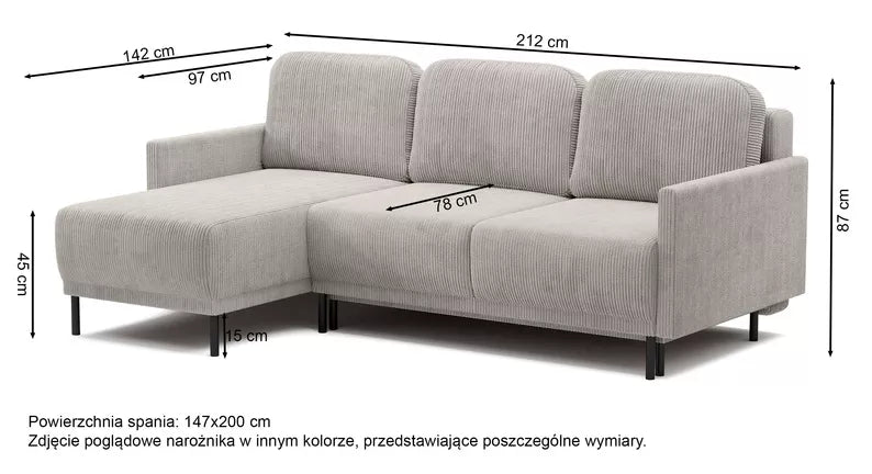 NOMIEL L-formas izvelkamais stūra dīvāns ar konteineru, universāls zili pelēks velvets