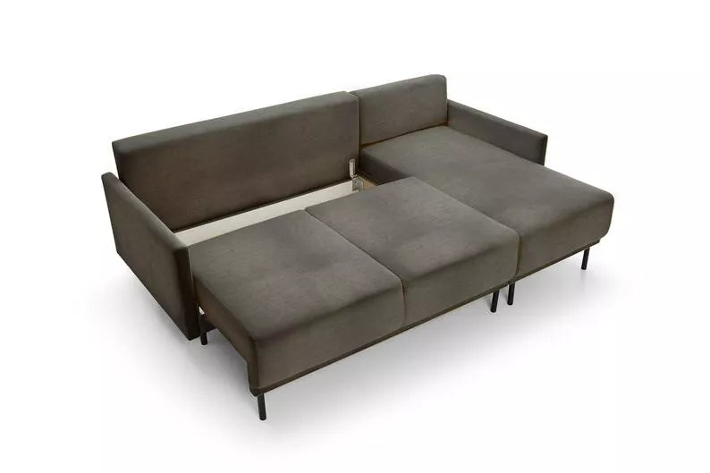 NOMIEL L-formas izvelkamais stūra dīvāns ar konteineru, brūns hidrofoba audums - N1 Home
