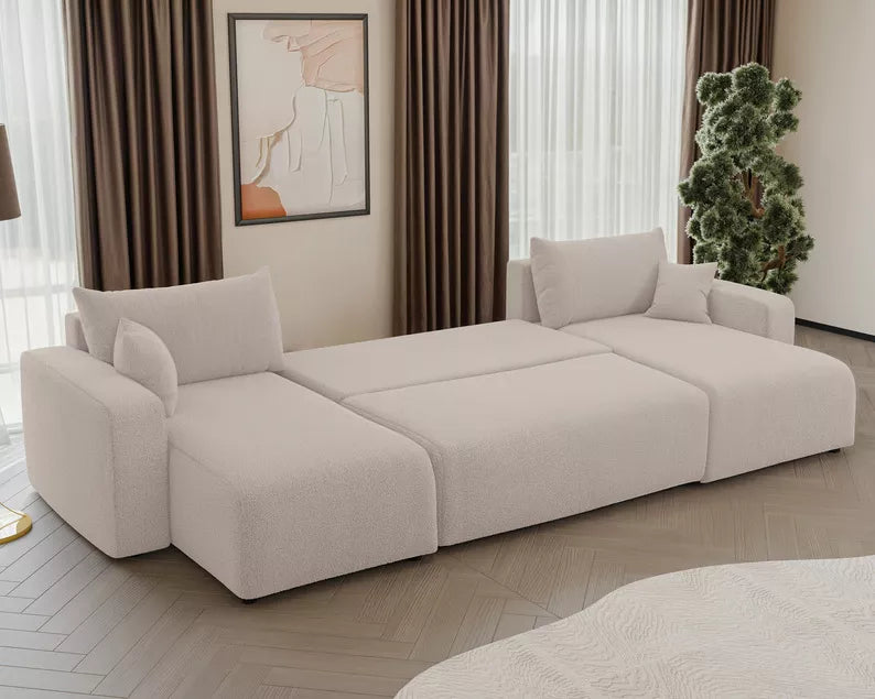 NONIPIA U-formas stūra dīvāns ar gulēšanas funkciju, ar konteineri, universāls, gaiši bēšs bukle - N1 Home