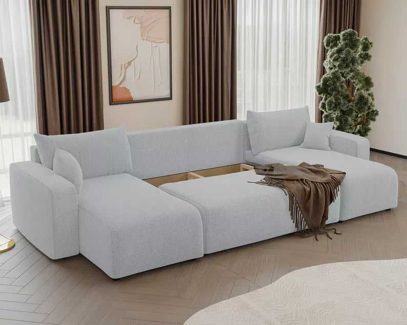 NONIPIA U-formas stūra dīvāns ar gulēšanas funkciju, ar konteineri, universāls, gaiši pelēks bukle - N1 Home