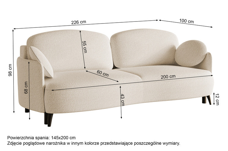 RIOLO Trīsvietīgs dīvāns ar glabātuvi, krēmkrāsas bukle, melnas kājas - N1 Home