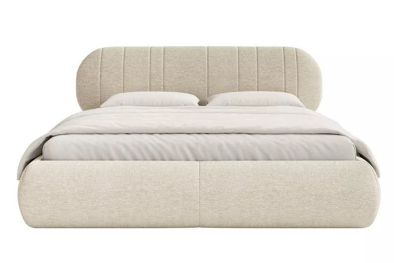 MELIOSA Mīkstā gulta 140/160/180x200 cm ar konteineru, metāla rāmis, bēšs audums - N1 Home