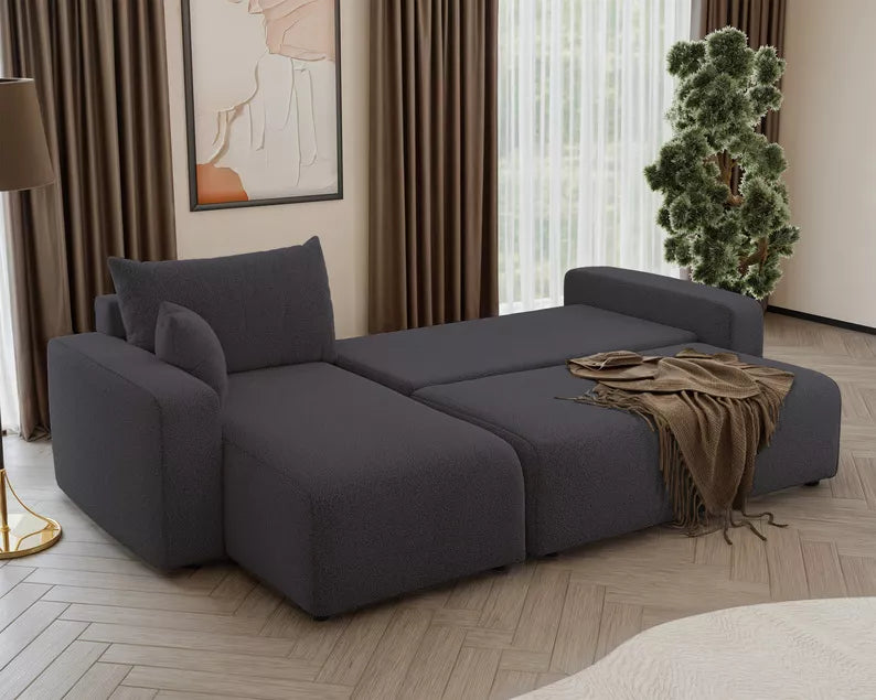 NONIPIA L-formas stūra dīvāns ar gulēšanas funkciju, ar konteineri, universāls, tumši pelēks bukle - N1 Home