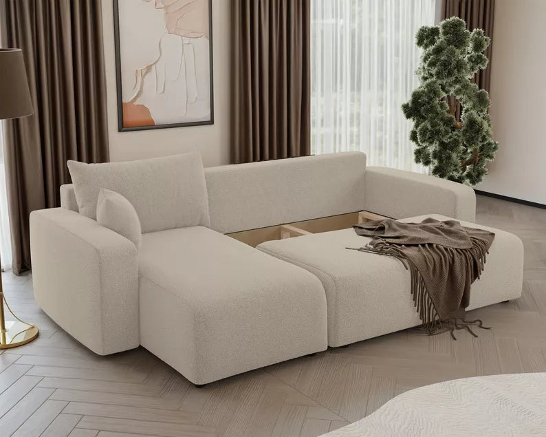 NONIPIA L-formas stūra dīvāns ar gulēšanas funkciju, ar konteineri, universāls, gaiši smilškrāsas bukle - N1 Home
