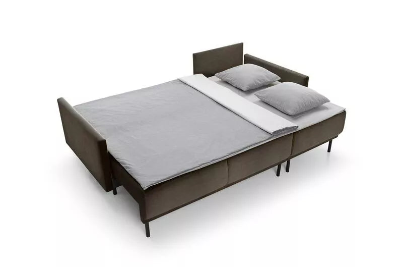 NOMIEL L-formas izvelkamais stūra dīvāns ar konteineru, brūns hidrofoba audums - N1 Home