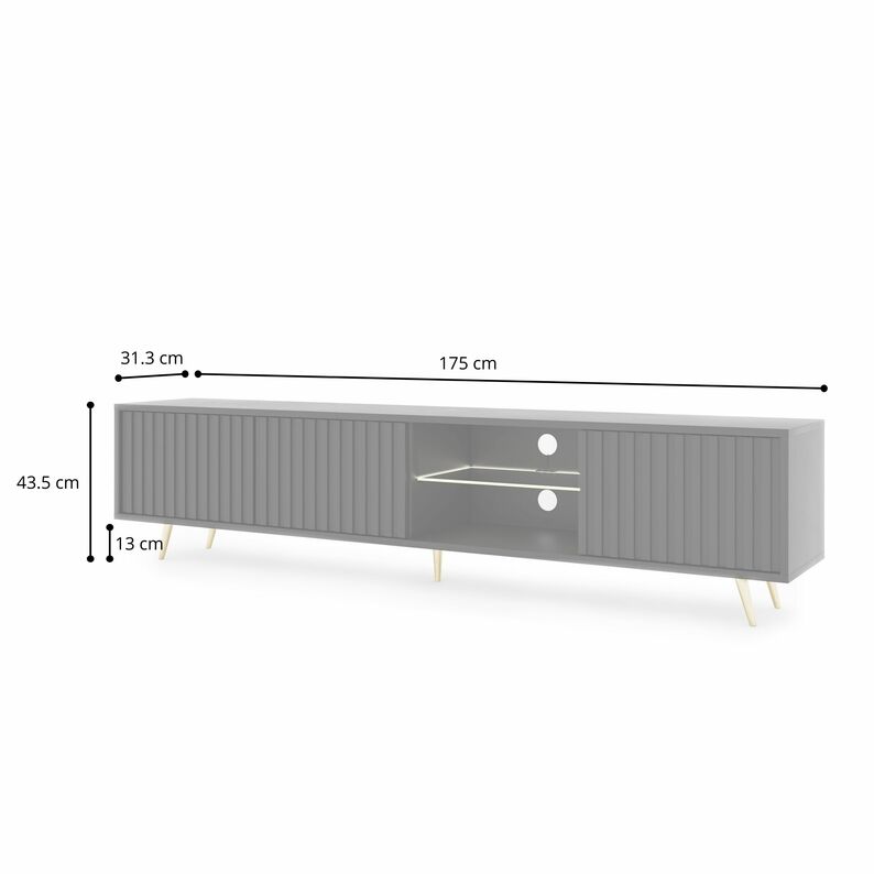 FELO TV skapis ar lameļu fasādēm, 175 cm, melns, LED, ar zelta kājiņām - N1 Home