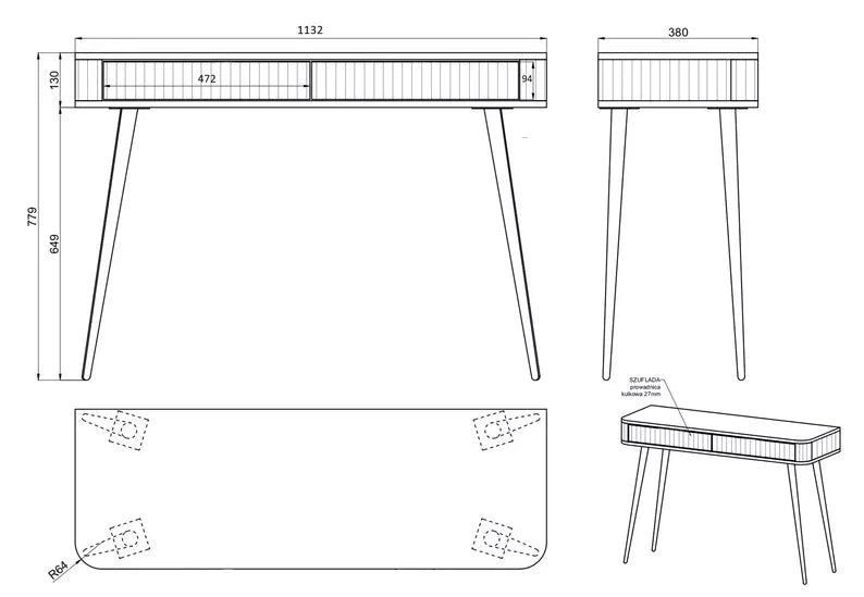 LOVORE Tualetes galdiņš ar rievām un divām atvilktnēm, 113 cm, melns ar melnām kājām - N1 Home