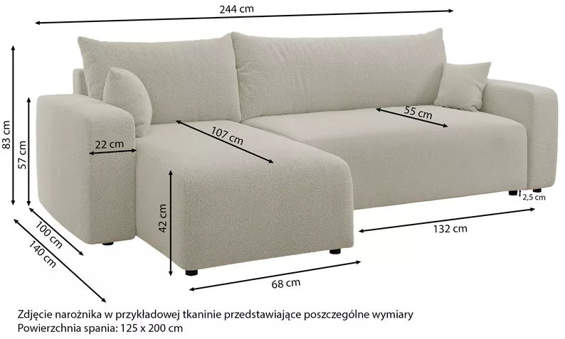 NONIPIA L-formas stūra dīvāns ar gulēšanas funkciju, ar konteineri, universāls, gaiši brūns bukle - N1 Home