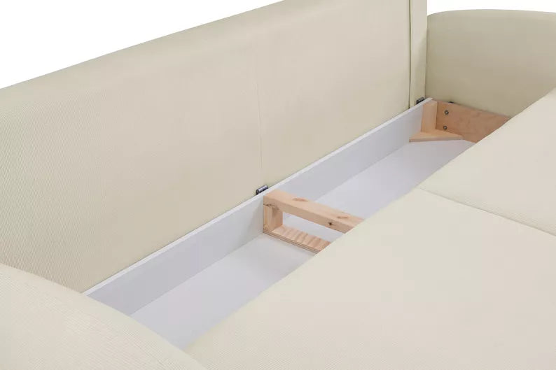FRABA Izvelkamais dīvāns ar gulēšanas funkciju, veļas konteineru, krēmkrāsas velveta - N1 Home
