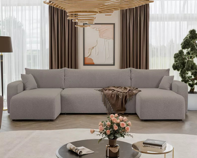 NONIPIA U-formas stūra dīvāns ar gulēšanas funkciju, ar konteineri, universāls, gaiši brūns bukle - N1 Home