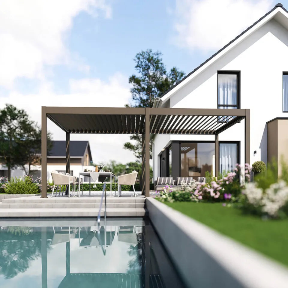 Bioklimatiskā terases pergola Elija AUTOMATIC 3x6 ar LED apgaismojumu 600/309/255 cm taupe - N1 Home