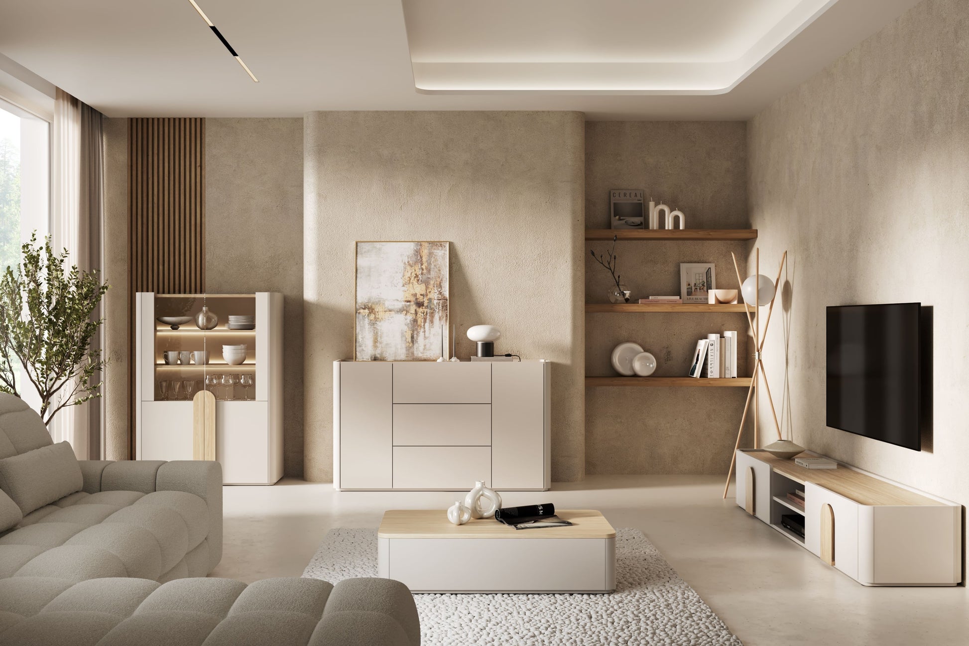 Vitrīna Amil 100/137.5/48 cm Kašmirs / Eļļots ozols / Gaišs ozols - N1 Home