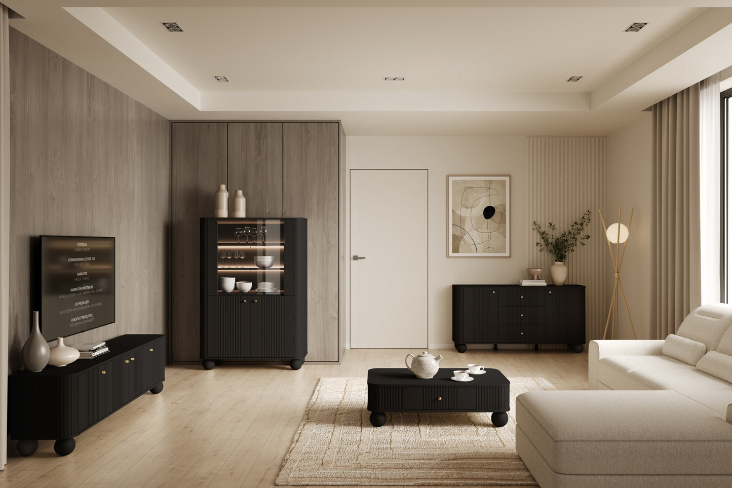 Vitrīnas skapis Vespa 103/153/38 cm melns/zelts - N1 Home