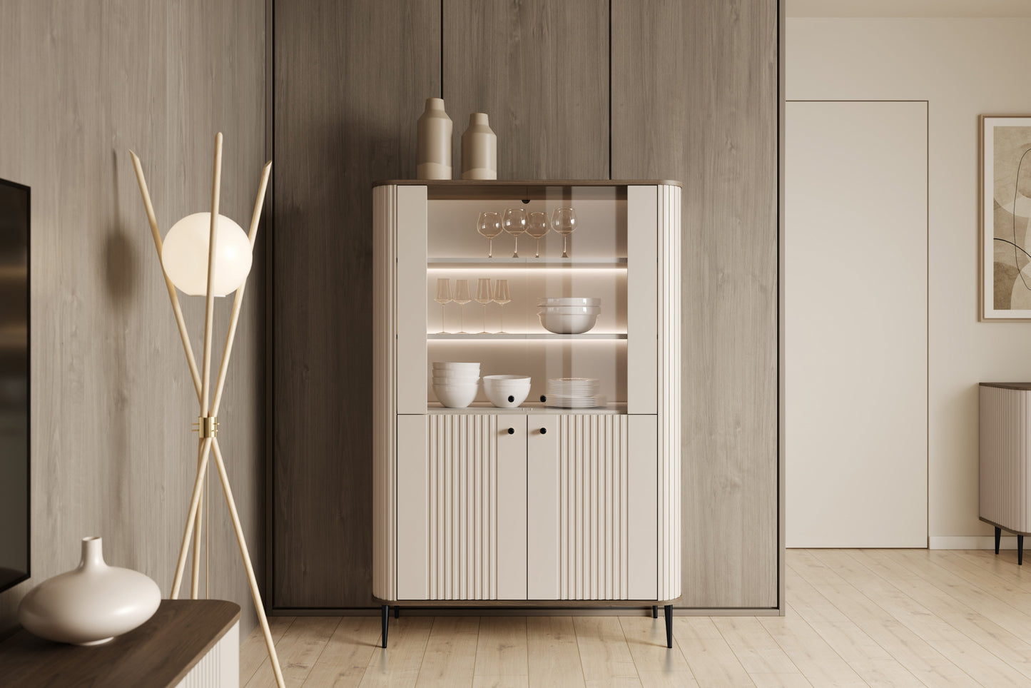 Vitrīnas skapis Vespa 103/156/38 cm kašmirs/rieksts/melns - N1 Home