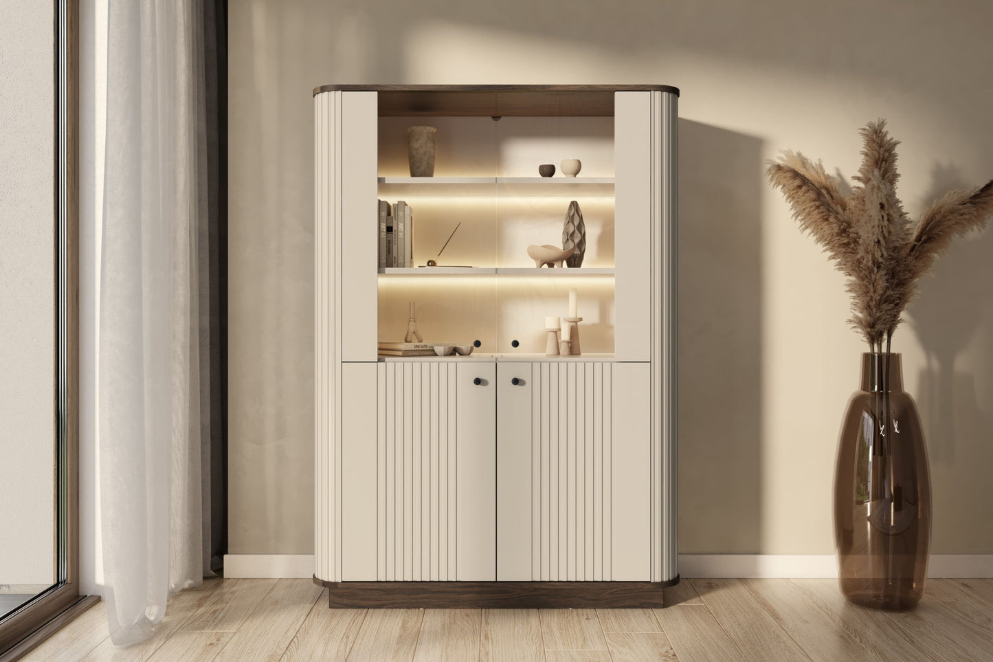 Vitrīnas skapis Vespa 103/148/38 cm kašmirs/rieksts/zelts - N1 Home