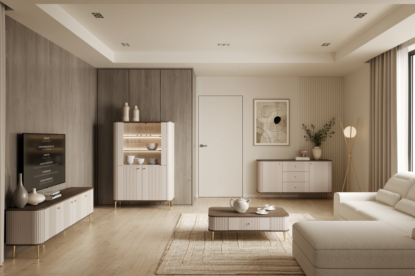 Vitrīnas skapis Vespa 103/156/38 cm kašmirs/rieksts/zelts - N1 Home