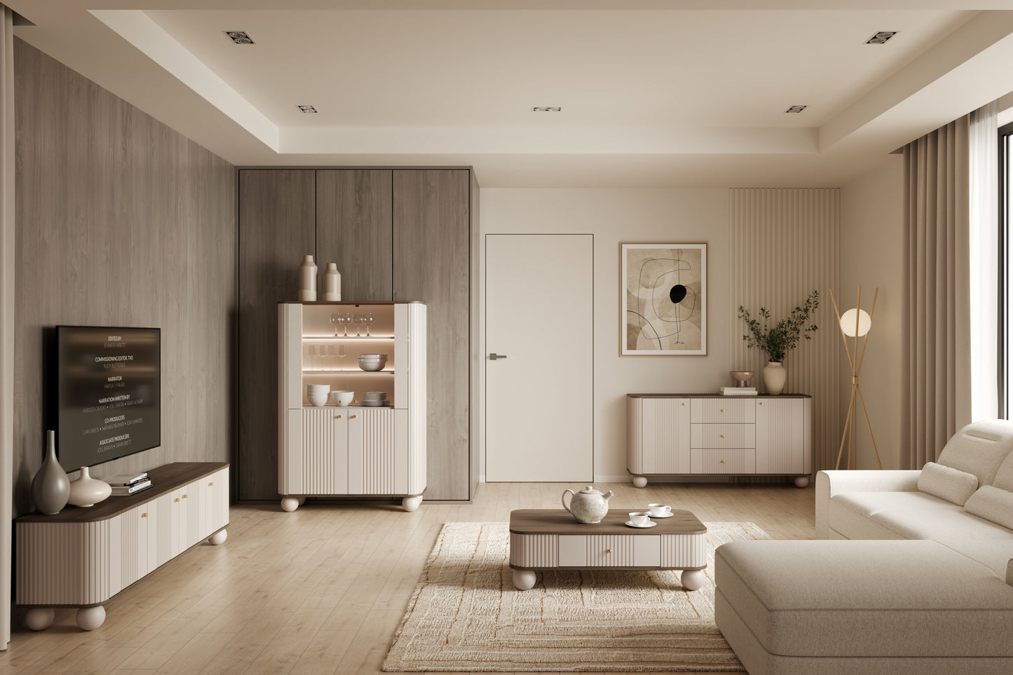 Vitrīnas skapis Vespa 103/153/38 cm kašmirs/rieksts/zelts - N1 Home