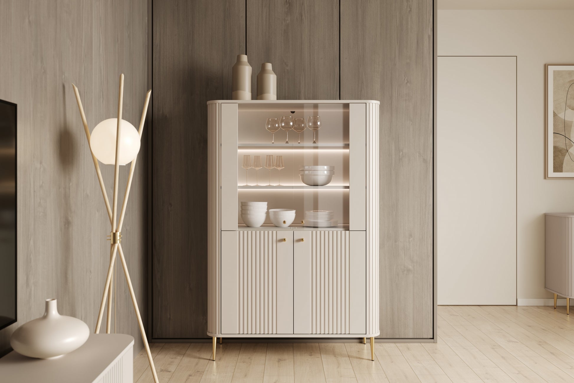 Vitrīnas skapis Vespa 103/156/38 cm kašmirs/zelts - N1 Home