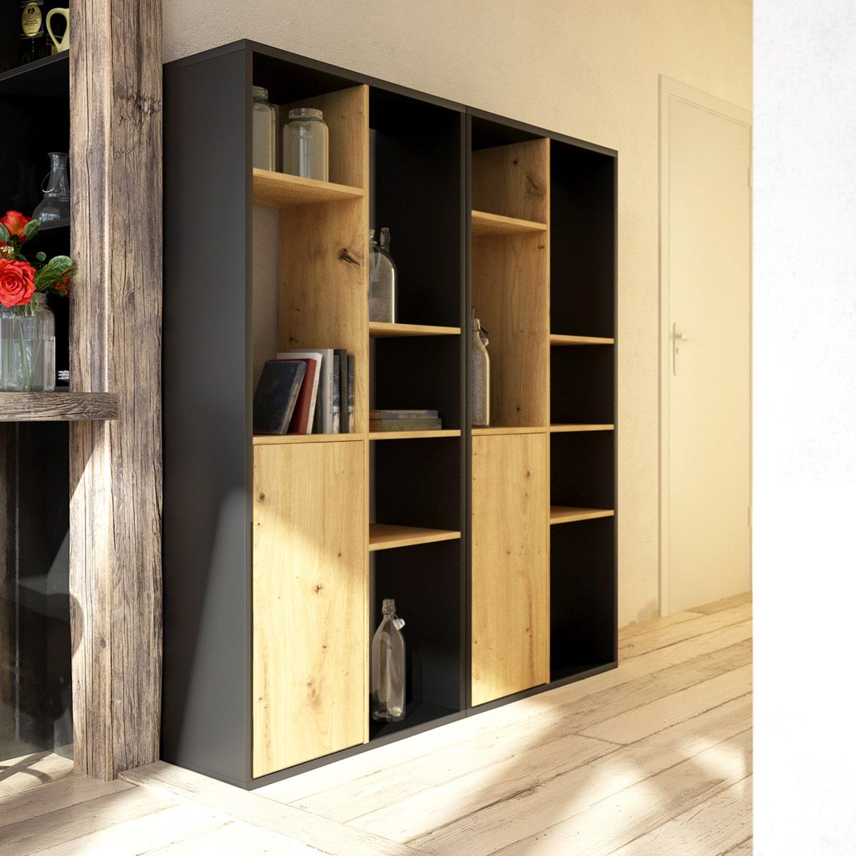 Grāmatu skapis NUORO BLACK/ OAK ARTISAN 75x30x160 cm - N1 Home